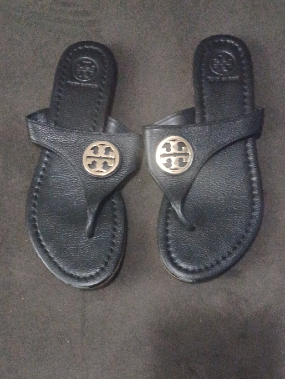 Tory Burch Black Leather Logo Thong Sandals with Gold Medallion